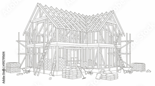 Detailed line drawing of a house under construction with timber frame and scaffolding.