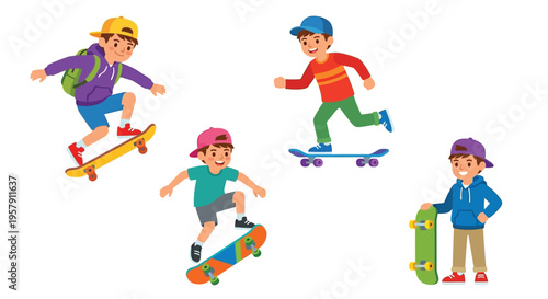 Four young boys skateboarding and enjoying outdoor activities together