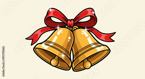 Golden Christmas bells with red bow and sparkles holiday decoration