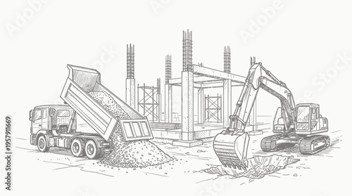 Detailed sketch of a construction site with a dump truck unloading material and an excavator digging, showing a building under construction.