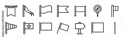 Navigational Flag and Signaling System Outline Icons Featuring Ultra Minimalist Monoline Geometric Shapes for Professional Interface Design