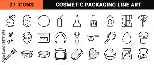 Cosmetic Packaging and Beauty Products Line Art Set Featuring Minimalist Monoline Bottles, Jars, and Skincare Applicator Outlines