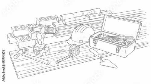 An assortment of construction tools and building materials including bricks, blueprints, a drill, hammer, and hard hat on wooden planks.