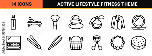 Minimalist monoline geometric line art representing beauty treatments, skincare routines, gym equipment, and holistic wellness lifestyle.