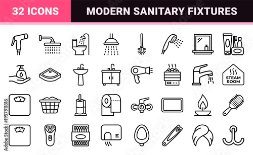 Sanitaryware and Personal Hygiene Minimalist Monoline Outline Symbols for Modern Bathroom Interior Wayfinding and Product Catalog Design