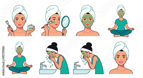 A series of illustrations depicting a woman s skincare routine