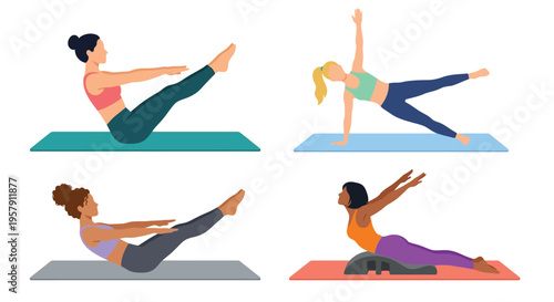 Four women demonstrating various yoga and pilates poses on mats