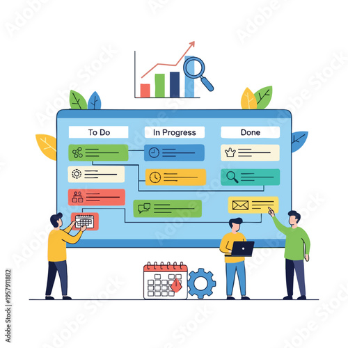 A team uses a digital Kanban board to manage tasks from to-do to done