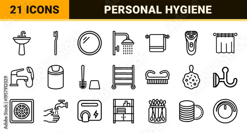 Minimalist Monoline Bathroom and Hygiene Icon Set featuring Geometric Line Art Symbols for Interior Design and Wayfinding Systems