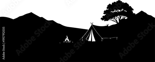Vector silhouette camping scene with tent and mountains