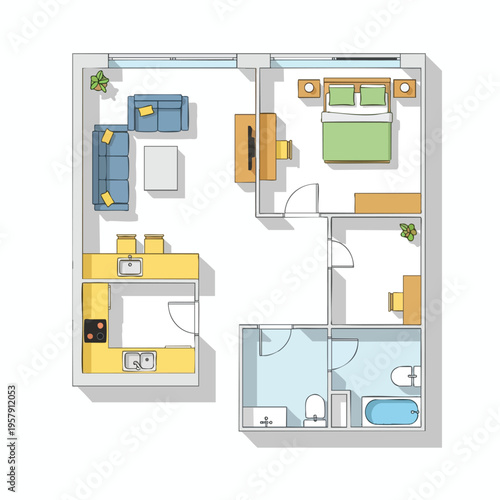 Flat overview with living room, bedroom, kitchen, bathroom, and desk areas