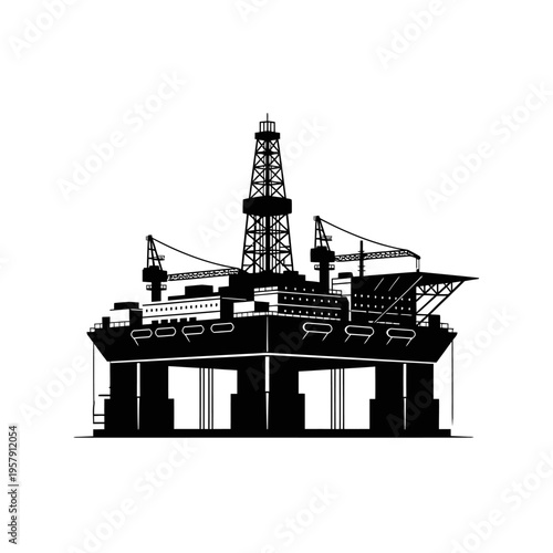 Semi-Submersible Rig Silhouette, Floating Oil Platform for Offshore Energy Drilling and Petroleum Extraction