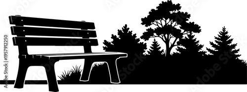 Vector silhouette of park bench with trees