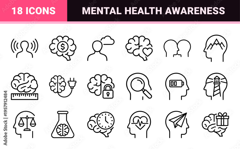 Fototapeta premium Cognitive Science and Psychology Monoline Icons for Mental Health Awareness, Neurological Research, and Artificial Intelligence Systems.