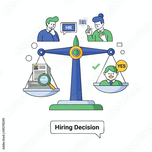 A scale balances resumes and a qualified candidate for a hiring decision