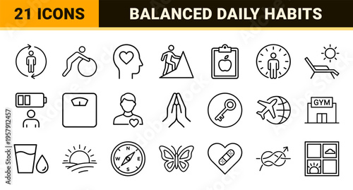 Holistic Wellness and Healthy Lifestyle Habits Minimalist Monoline Icon Set for Daily Routine Planning and Mental Health Awareness