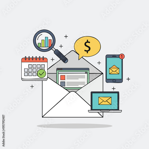 Digital marketing elements with envelope, devices, calendar, graph, and dollar sign