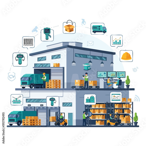 Warehouse operations with trucks, forklifts, scanners, and digital tracking