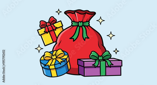 Colorful gifts and a sack with bows and stars on light blue background