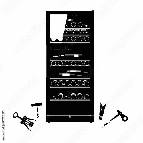 Wine Cooler Refrigerator Silhouette: Tall Glass Door Storage Unit Vector for Fine Dining and Beverage Preservation
