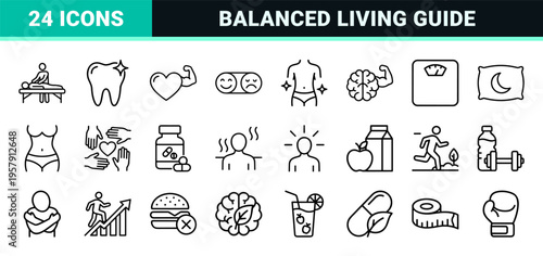 Wellness and Mental Health Line Art Icons featuring Minimalist Monoline Symbols for Holistic Living, Self Care, and Fitness Navigation.
