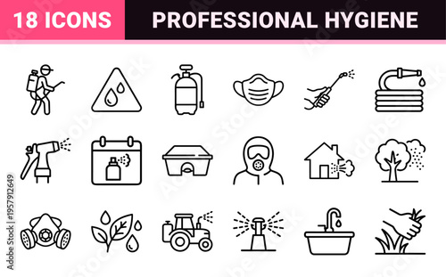 Pest Control and Agricultural Spraying Service Minimalist Monoline Icons for Professional Sanitation and Garden Maintenance Branding