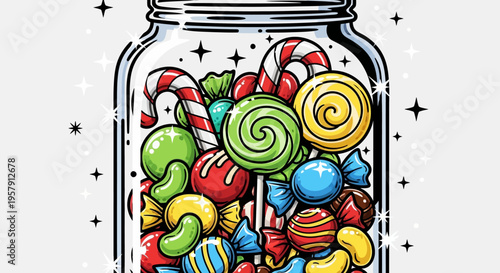 Colorful candies in a glass jar with starry background