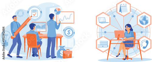 Collaborative business analytics and remote work illustration