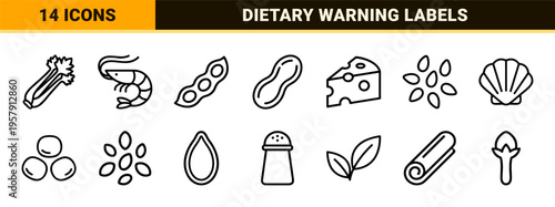 Food Allergen and Dietary Restriction Labeling Icons Featuring Minimalist Geometric Outlines for Commercial Packaging and Menu Design
