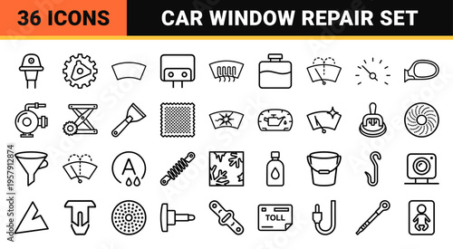 Automotive Glass Maintenance and Windshield Wiper System Outline Icons for Vehicle Repair Services and Car Care Interface Design Applications