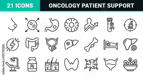 Oncology Medical Line Icons Featuring Cancer Awareness Ribbon Chemotherapy Radiation Therapy and Diagnostic Organ Symbols in Minimalist Style