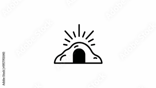 Biblical illustration of an empty tomb with a stone rolled away, symbolizing resurrection and Easter concept, in a simple line art style against a clean white background.