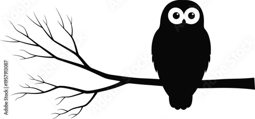 Black silhouette of a cute owl sitting on a dry tree branch isolated on white background, nocturnal bird wildlife concept,