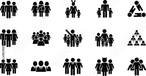 Collection of black people icons and family silhouettes showing leadership group teamwork and community isolated on white background vector illustration,