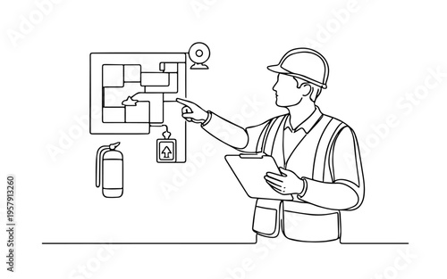 Continuous line drawing worker practicing evacuation plan