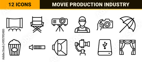 Professional Filmmaking and Cinema Production Minimalist Monoline Geometric Line Art for Commercial Video Industry and Media Projects