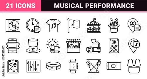 Music Festival and Live Event Management Geometric Line Art Set featuring concert equipment, ticketing, and venue logistics silhouettes.