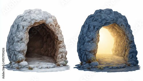 Illustration of two stone tombs, one empty with a rolled-away stone, against a white background, conveying an Easter concept and biblical resurrection scene.