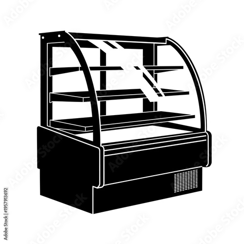 Refrigerated Bakery Display Case Silhouette, Curved Glass Viewing Cabinet for Pastry Merchandising and Retail