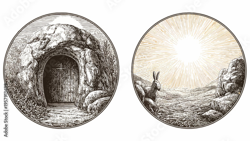 Biblical illustration of an empty tomb with a stone rolled away next to a sunrise scene with a rabbit, conveying an Easter concept in a graphic and symbolic style.