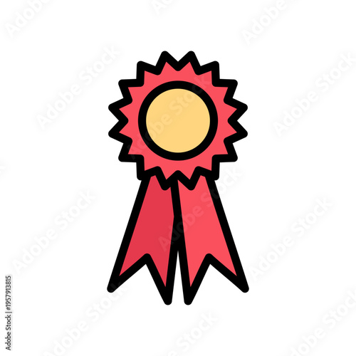 Gold medal on red ribbon, sport gold medal in doodle style illustration for award ceremony design. Vector