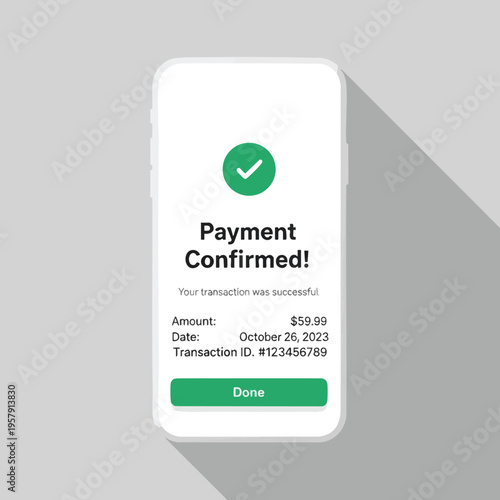 Mobile payment confirmation screen with checkmark, amount, date, and ID