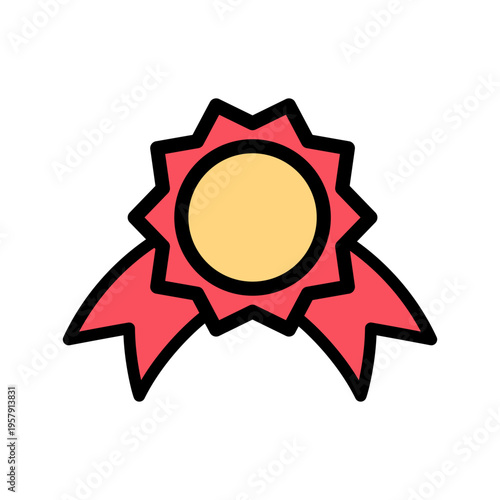 Gold medal on red ribbon, sport gold medal in doodle style illustration for award ceremony design. Vector