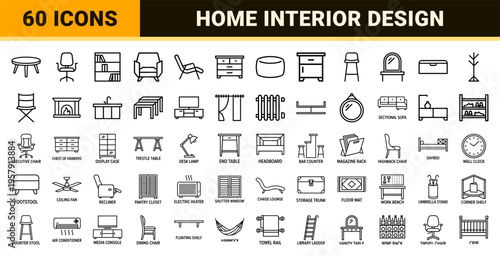 Modern Interior Furniture and Home Decor Minimalist Monoline Geometric Line Art for Architectural Layouts and Digital User Interfaces