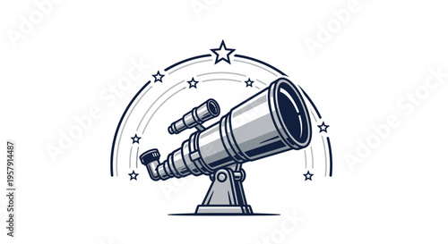 Vintage Telescope Observing Stars, Celestial Exploration Illustration