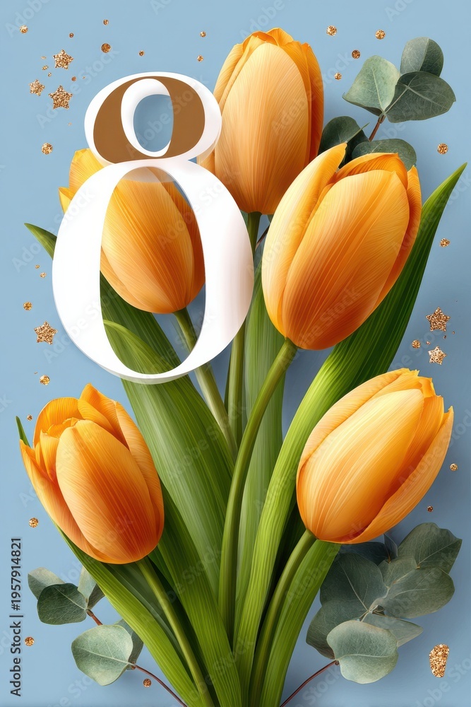 Obraz premium Yellow tulip bouquet with decorative number eight on blue background for spring celebration