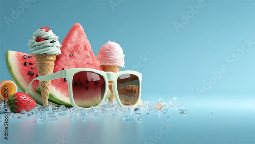 Vector summer icons set with sunglasses and ice cream