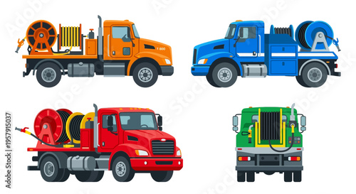 Four colorful utility trucks with hose reels and equipment shown