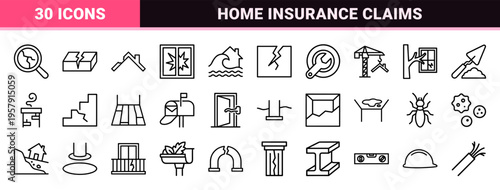 Structural Property Damage and Home Insurance Claim Icons featuring Minimalist Monoline Design for Disaster Assessment and Repair