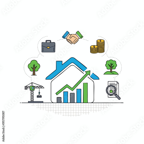 House graphic with growth chart, handshake, money, tree, and construction crane